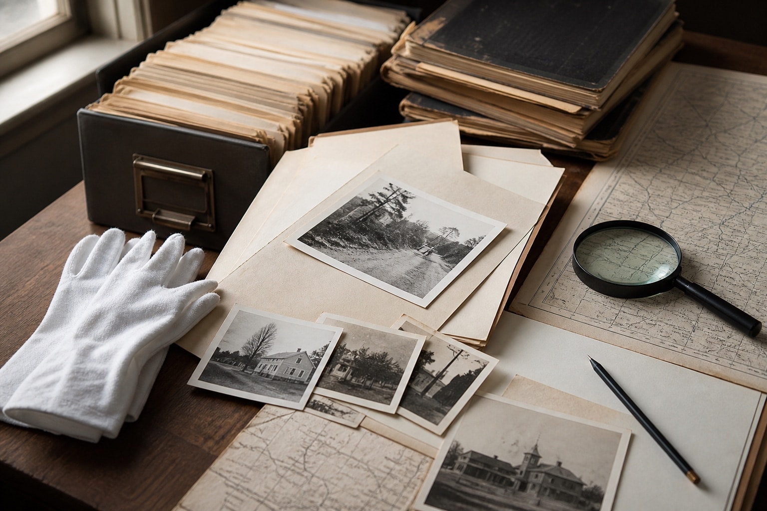 Interpretive collections-work table with folders, photographs and a magnifier