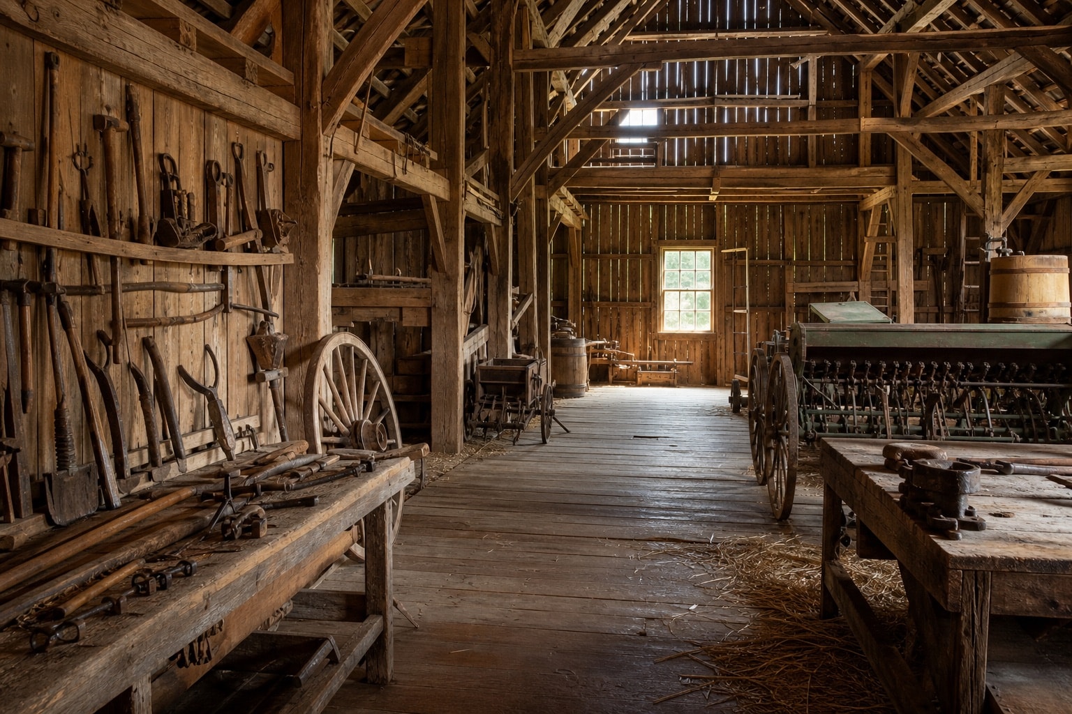 Interpretive timber barn interior with unbranded agricultural hand tools and a wagon wheel