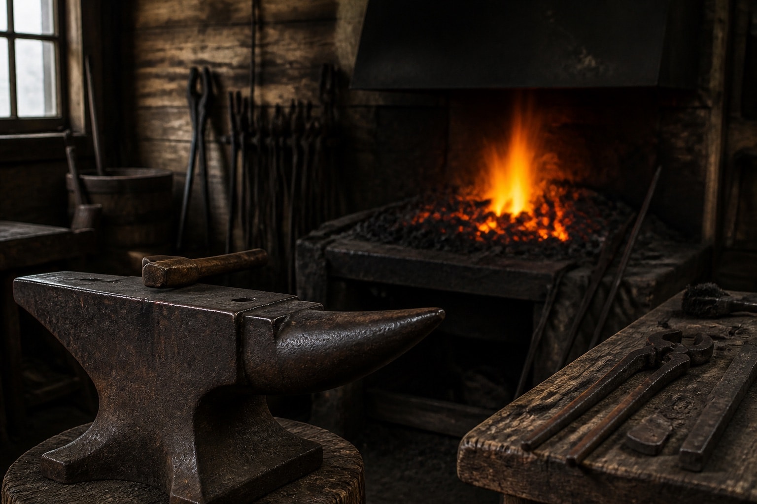 Interpretive blacksmith workshop with anvil, tongs, timber bench and glowing forge