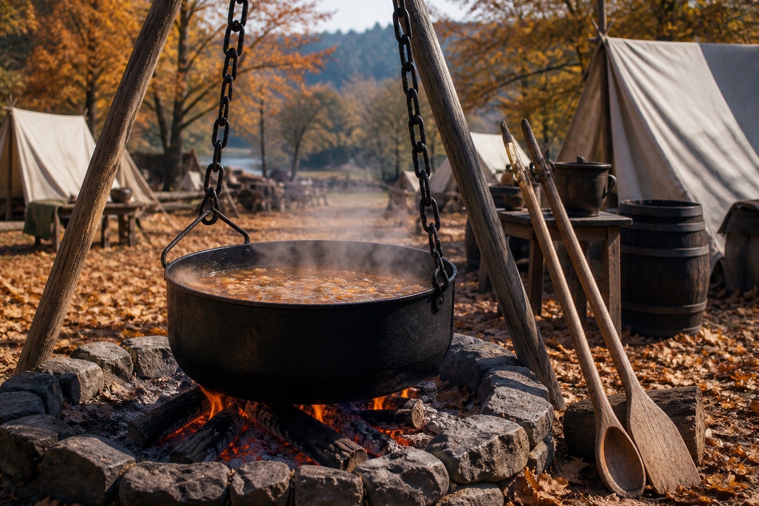Interpretive scene of a large cast-iron stew kettle over a contained outdoor fire
