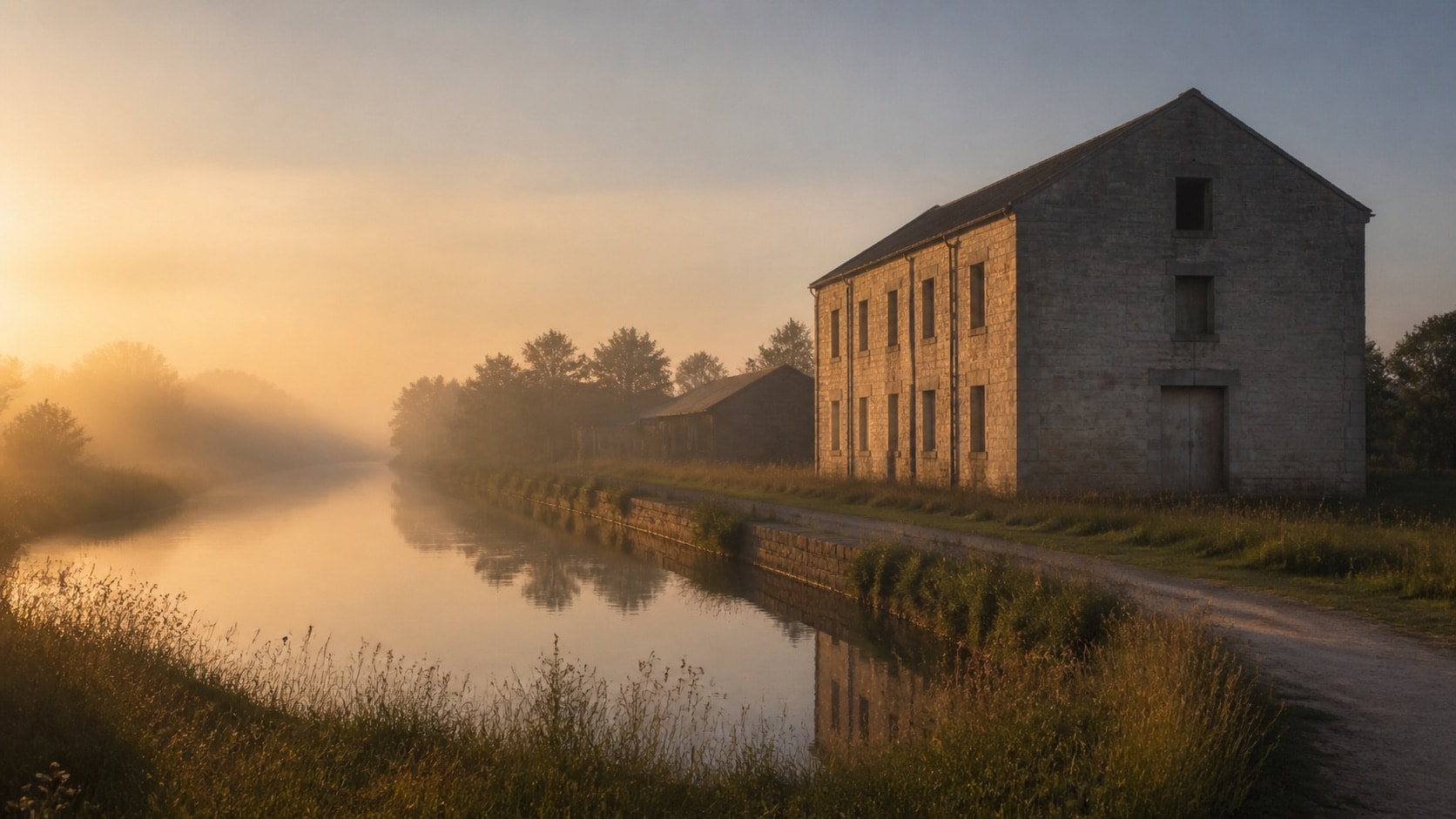 Interpretive view of a sandstone warehouse beside a quiet canal at dawn