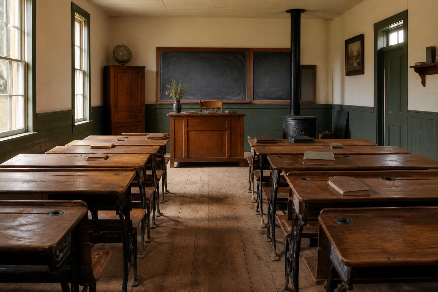 Interpretive interior of an empty nineteenth-century one-room schoolhouse