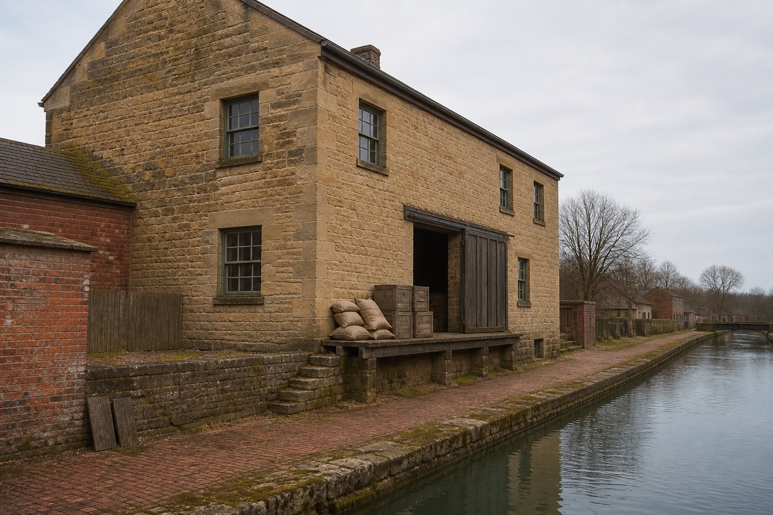 Interpretive sandstone warehouse beside a canal towpath